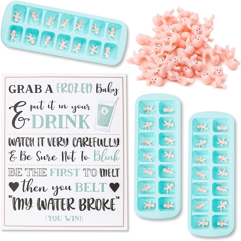Photo 1 of My Water Broke Baby Shower Game with 60 1-Inch Mini Plastic Babies, 3 Ice Cube Trays, and 1 Sign
