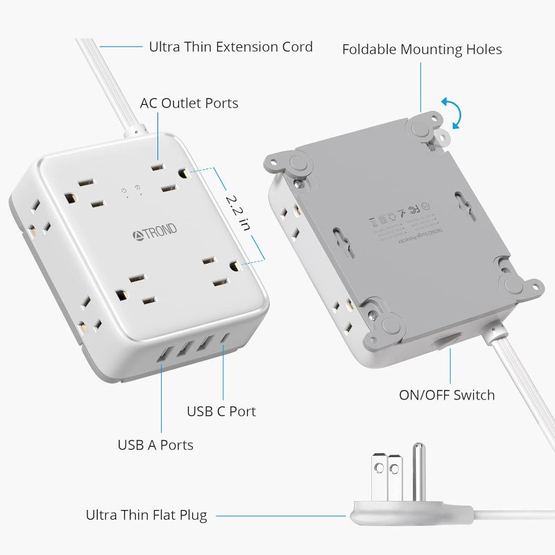 Photo 3 of Surge Protector Power Strip with USB, TROND Ultra Thin Flat Plug 5ft Extension Cord 1625W, 3 USB A & 1 USB C, 8AC Outlets 1440J Surge Protection Wall...
