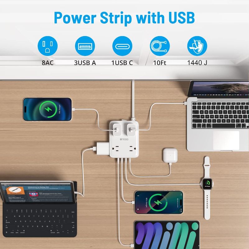 Photo 2 of Surge Protector Power Strip with USB, TROND Ultra Thin Flat Plug 5ft Extension Cord 1625W, 3 USB A & 1 USB C, 8AC Outlets 1440J Surge Protection Wall...
