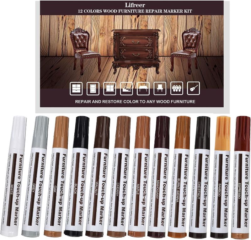 Photo 1 of Lifreer Revolutionary Furniture Touch Up Markers, 12 Colors Wood Scratch Repair Markers Kit - Perfect for Stains, Scratches, Wood Floors, Tables, and Bedposts - Easy to Use and Long-Lasting Results!
