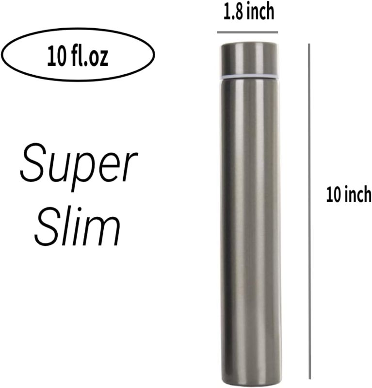 Photo 1 of Insulated Water Bottle, 18/8 (304) Stainless Steel, Super Slim Skinny Mini, Portable, Leak Proof, 10oz, Silver
