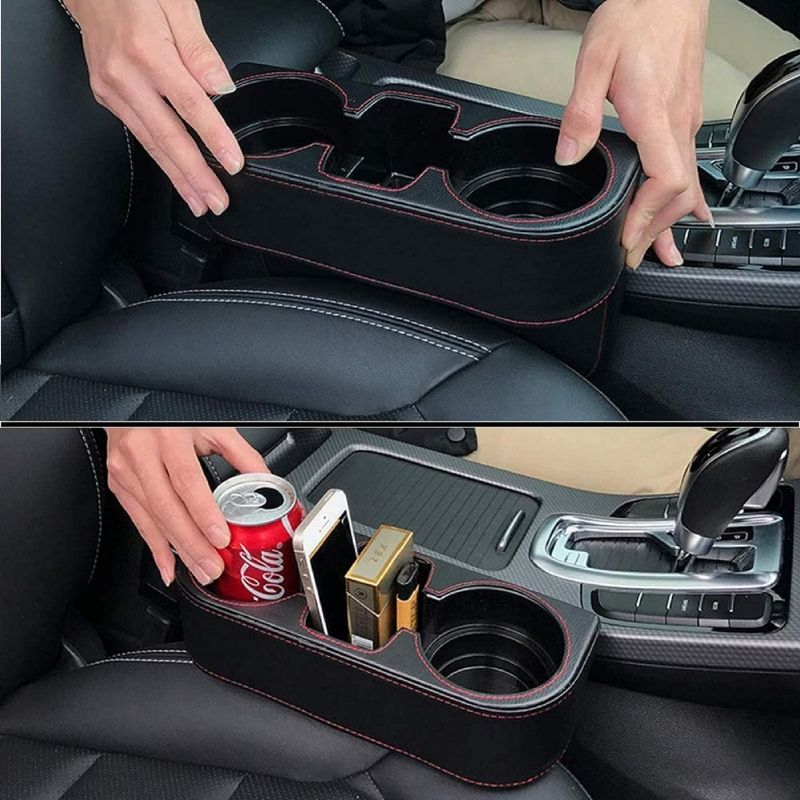 Photo 3 of Car Cup Holder Expander with PU Leather Cover, Multifunction Car Seat Pocket Glove Phone Mount Organizer,Car Back Seat Storage for Drink Mug Bottle CellPhones Coasters Cards (Black)

