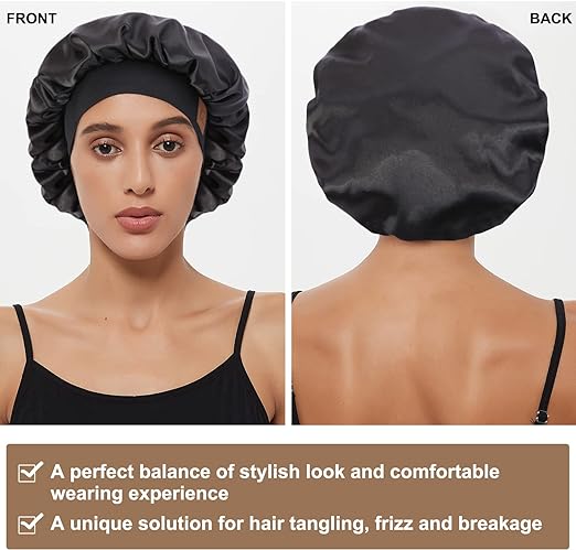 Photo 3 of HAFREE- Black Silk Satin Bonnet Silk Bonnet Sleep Cap for Women Hair Bonnet for Curly Hair Sleeping Adjustable Wide Band Double Layer

