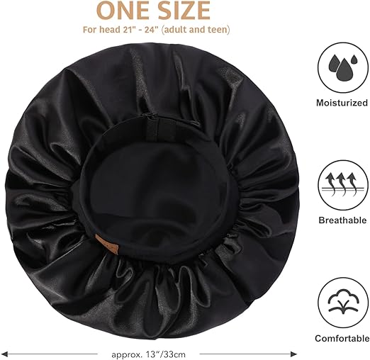 Photo 1 of HAFREE- Black Silk Satin Bonnet Silk Bonnet Sleep Cap for Women Hair Bonnet for Curly Hair Sleeping Adjustable Wide Band Double Layer
