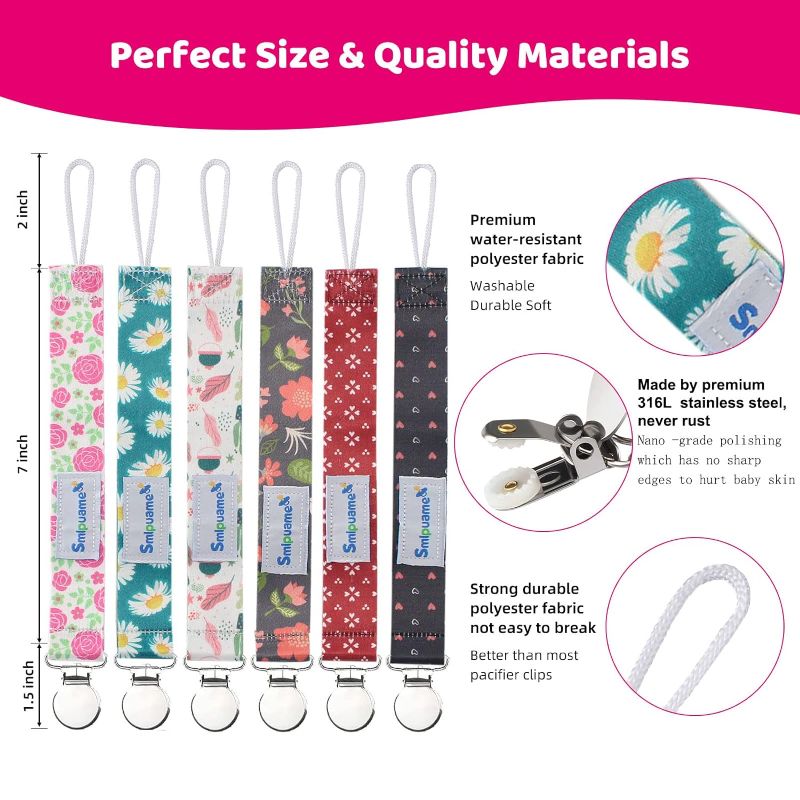 Photo 1 of Smlpuame Pacifier Clip Girl,6 Pack Stylish Binky Clips Strap for Baby Girls,Paci Holder with Metal Clip Lightweight Universal Fits Most Pacifiers Teether Toy Teething Ring Soothie,Baby Gift(Flower)
