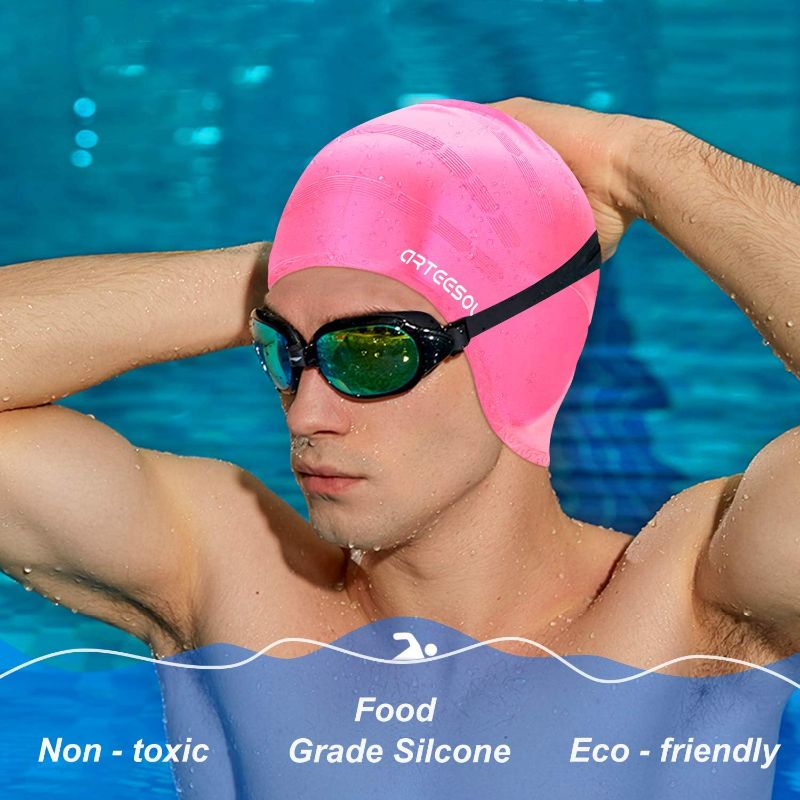 Photo 2 of LASMARE- Swimming Cap, Silicone Swim Cap for Women Men, Durable Non-Slip Waterproof Swim Cap Protect Ears, Long Hair for Adults, Older Kids (PINK)
