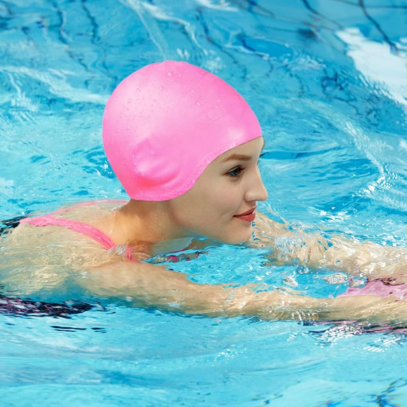Photo 3 of LASMARE- Swimming Cap, Silicone Swim Cap for Women Men, Durable Non-Slip Waterproof Swim Cap Protect Ears, Long Hair for Adults, Older Kids (PINK)
