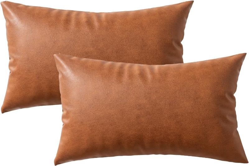 Photo 2 of PANOD- Set of 2 Decorative Faux Leather Throw Pillow Covers Brown, 12x20 inch Modern Lumbar Pillow Covers Luxury Cushion Case for Couch Sofa Bed Living Room

