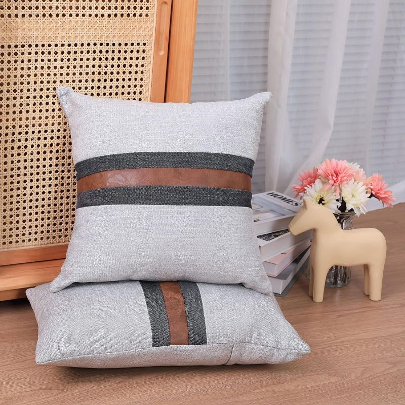 Photo 1 of BOYSUM Farmhouse Decorative Outdoor Throw Pillow Covers for Couch Sofa Bed Brown Faux Leather Accent Pillow Cover Modern Decor Pillow Case  (Grey)
