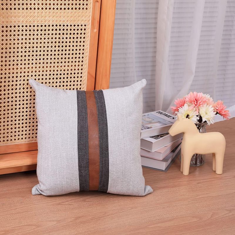 Photo 2 of BOYSUM Farmhouse Decorative Outdoor Throw Pillow Covers for Couch Sofa Bed Brown Faux Leather Accent Pillow Cover Modern Decor Pillow Case  (Grey)
