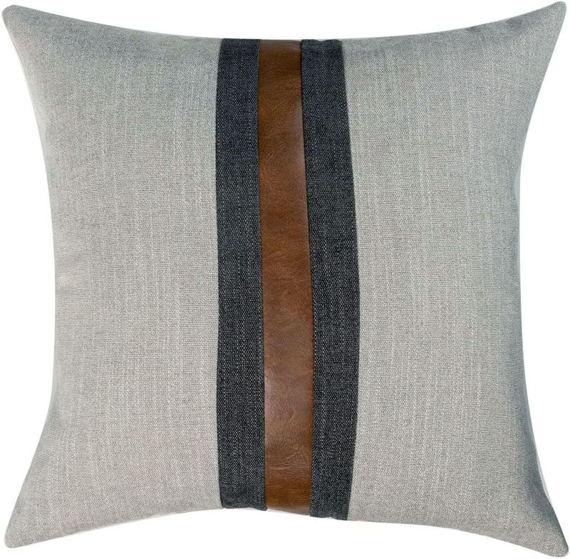 Photo 3 of BOYSUM Farmhouse Decorative Outdoor Throw Pillow Covers for Couch Sofa Bed Brown Faux Leather Accent Pillow Cover Modern Decor Pillow Case  (Grey)
