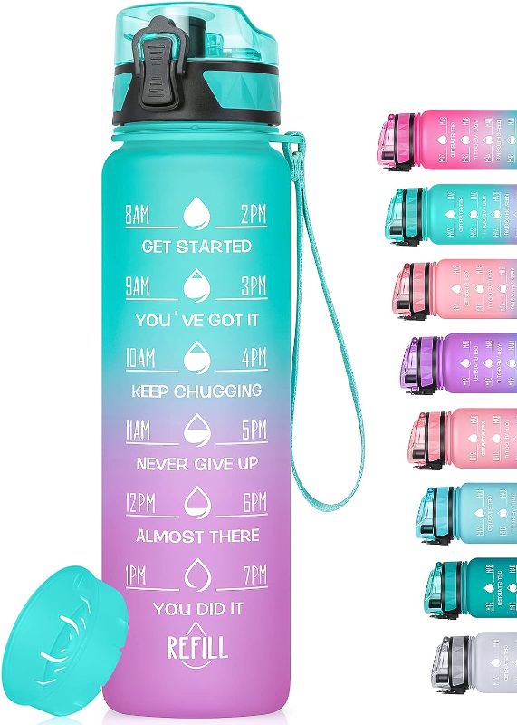Photo 1 of Geritto Motivational Water Bottle with Time Marker, 26/32 Oz BPA Free Water Bottles with Fruit Strainer, Wide Mouth and Fast Water Flow Motivational Water Bottle, Leak-Proof Water Bottle with Strap

