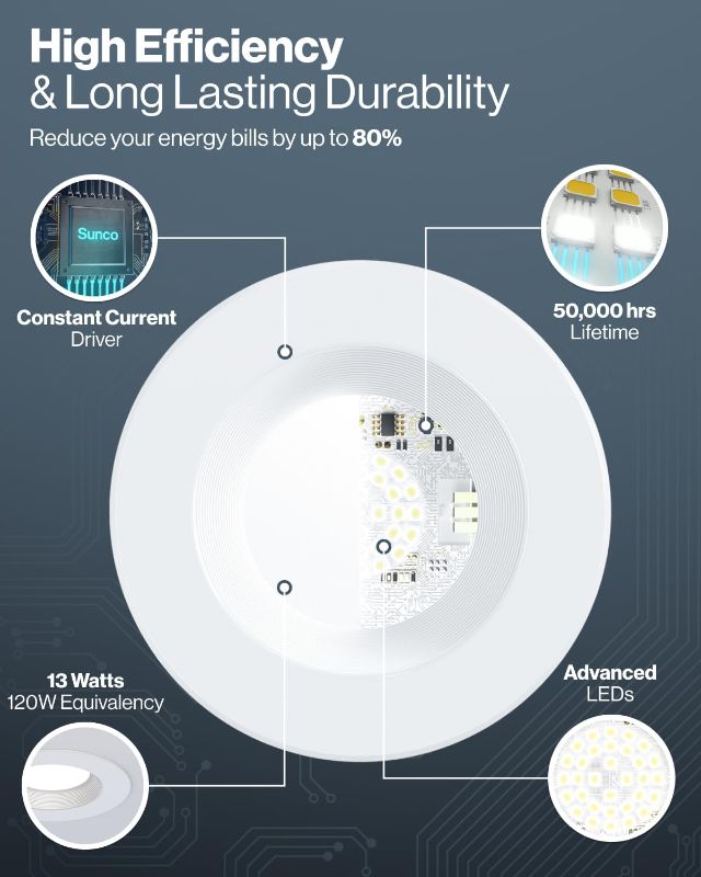 Photo 1 of Sunco 4 Pack LED Recessed Lighting 6 Inch, 4000K Cool White, Dimmable Can Lights, Baffle Trim, 13W=75W, 1050 LM, Damp Rated, Retrofit Installation - ETL
