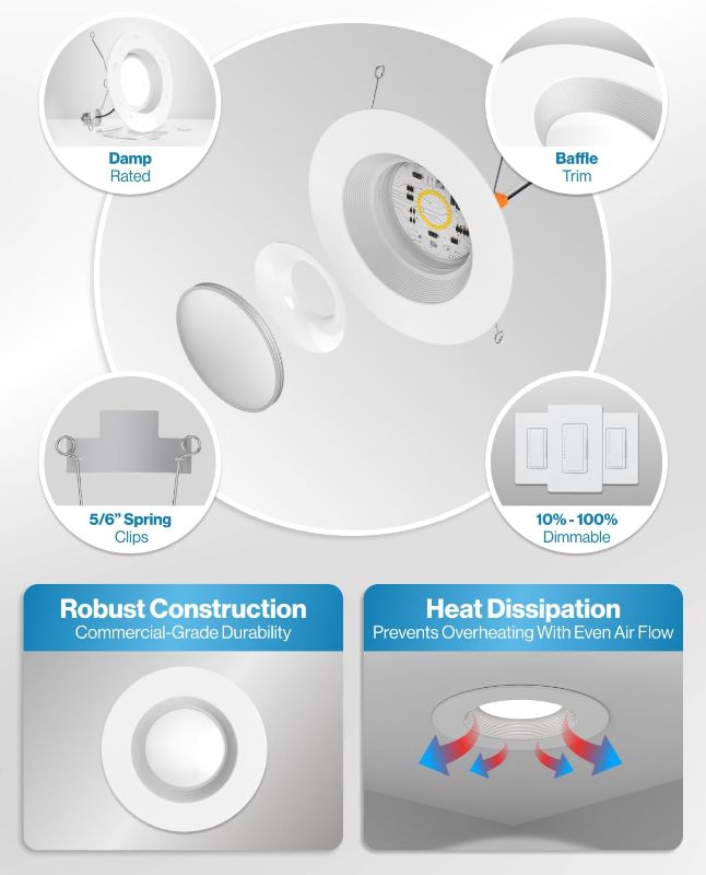 Photo 3 of Sunco 4 Pack LED Recessed Lighting 6 Inch, 4000K Cool White, Dimmable Can Lights, Baffle Trim, 13W=75W, 1050 LM, Damp Rated, Retrofit Installation - ETL
