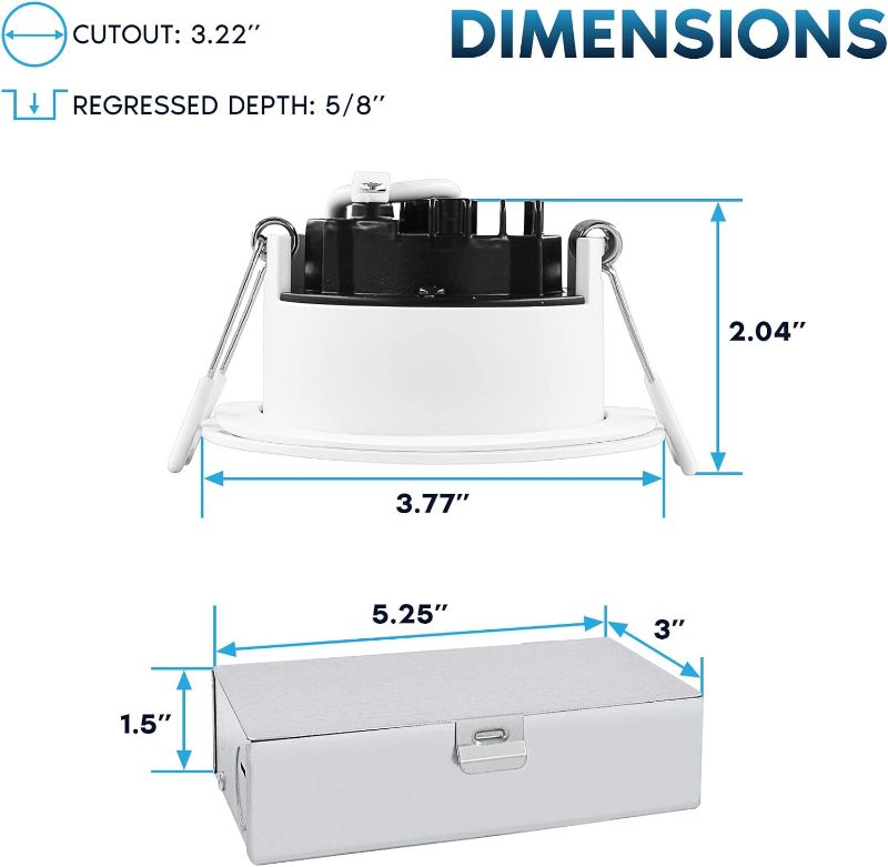 Photo 2 of LUXRITE 3 Inch LED Recessed Ceiling Light with Junction Box, 10W, 5CCT Selectable 2700K/3000K/3500K/4000K/5000K, 800LM High Brightness, Dimmable Canless Downlight, Wet Rated, IC Rated, ETL Listed

