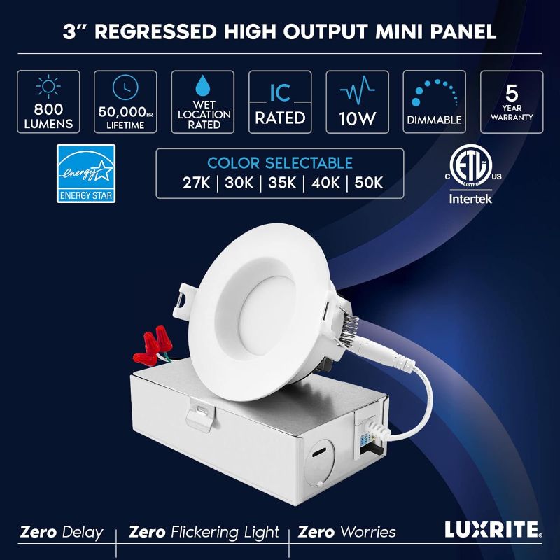 Photo 4 of LUXRITE 3 Inch LED Recessed Ceiling Light with Junction Box, 10W, 5CCT Selectable 2700K/3000K/3500K/4000K/5000K, 800LM High Brightness, Dimmable Canless Downlight, Wet Rated, IC Rated, ETL Listed

