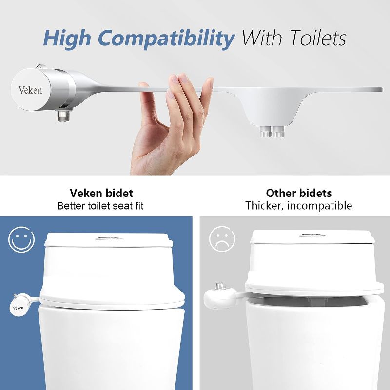 Photo 3 of Veken Ultra-Slim Bidet Attachment for Toilet Dual Nozzle (Feminine/Posterior Wash) Hygienic Bidets for Existing Toilets, Adjustable Water Pressure Cold Water Sprayer Baday with Stainless Steel Inlet
