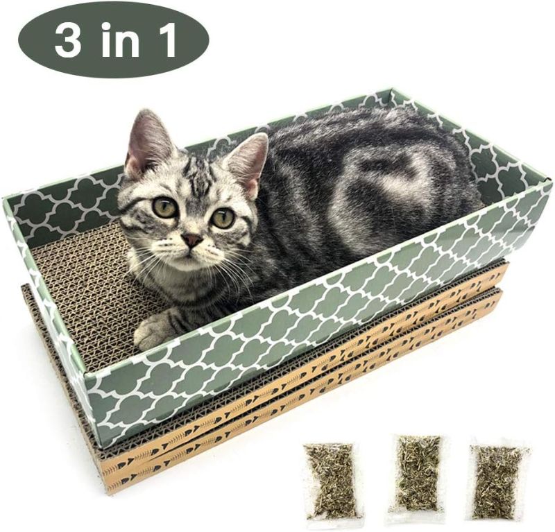 Photo 3 of Cat Scratcher Cardboard Scratching Pads Scratch Lounge Bed with Catnip 3PCS Reversible Corrugated Cardboard with Scratch Box
