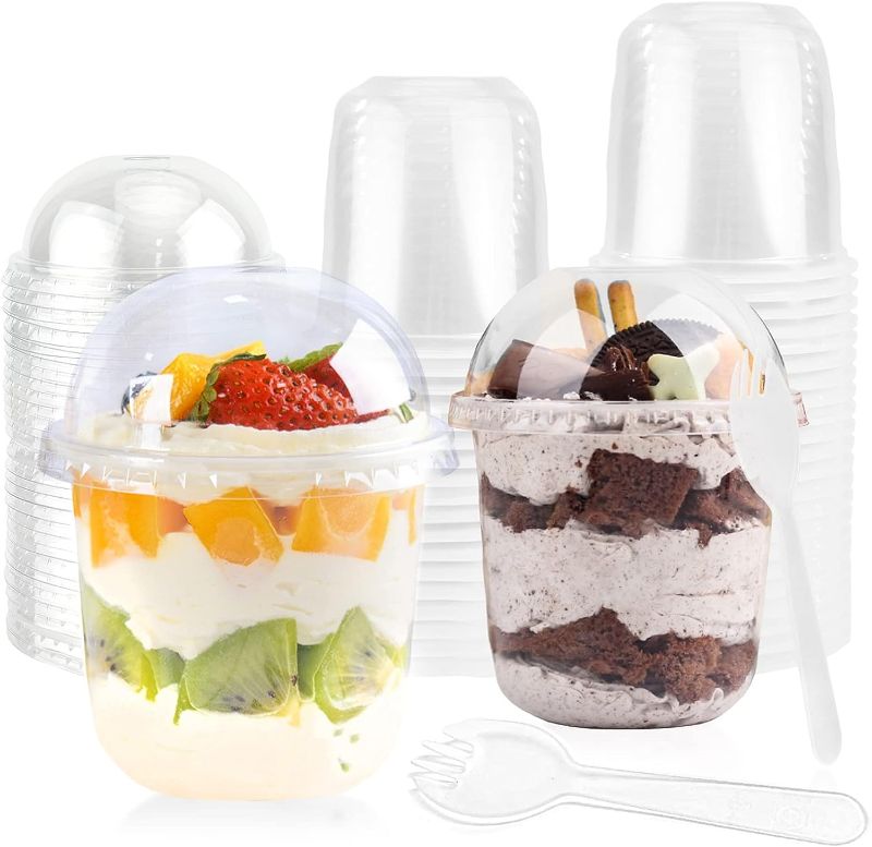Photo 1 of hapray 100 Pack 12 oz Clear Plastic Cups with Dome Lids and Sporks, Disposable Ice Cream Cups with Lids (NO Hole), Crystal Clear Parfait Cups for Ice Cream/Cake/Pudding/Drinks
