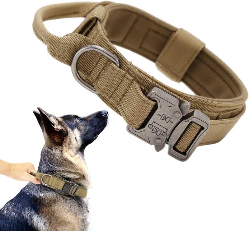 Photo 1 of Tactical Dog Collar Military Dog Collar Adjustable Nylon Dog Collar Heavy Duty Metal Buckle with Handle for Dog Training (Brown,L)
