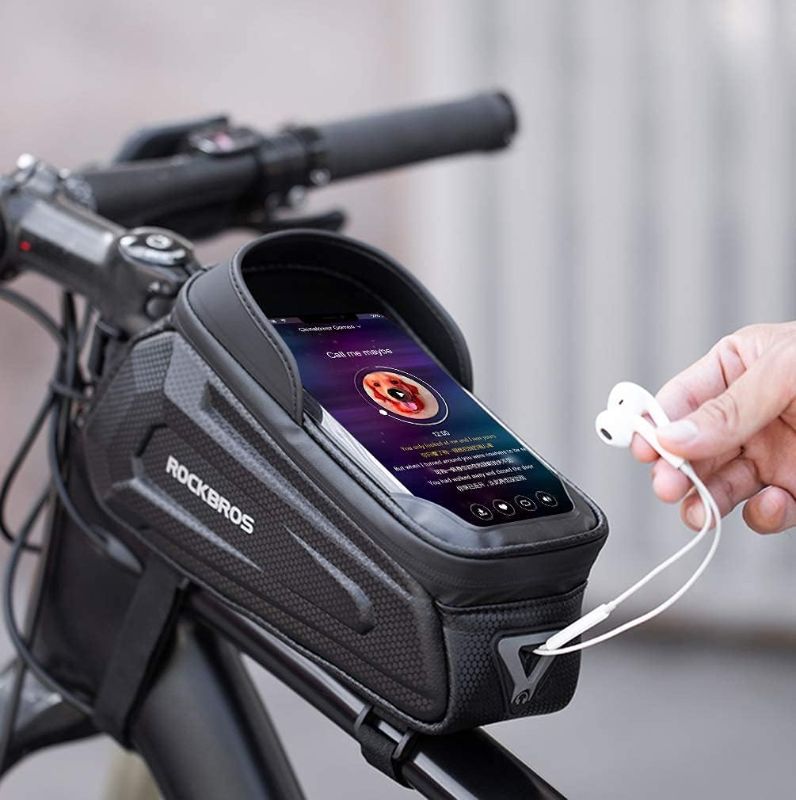 Photo 1 of ROCKBROS Bike Phone Bag Waterproof Bike Phone Mount Bag Bike Accessories EVA Hard Shell Bike Phone Pouch with Rain Cover Compatible with iPhone 14/12/11 Pro XR XS Max Phones Below 
