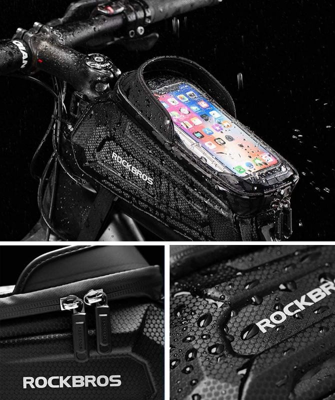 Photo 2 of ROCKBROS Bike Phone Bag Waterproof Bike Phone Mount Bag Bike Accessories EVA Hard Shell Bike Phone Pouch with Rain Cover Compatible with iPhone 14/12/11 Pro XR XS Max Phones Below 
