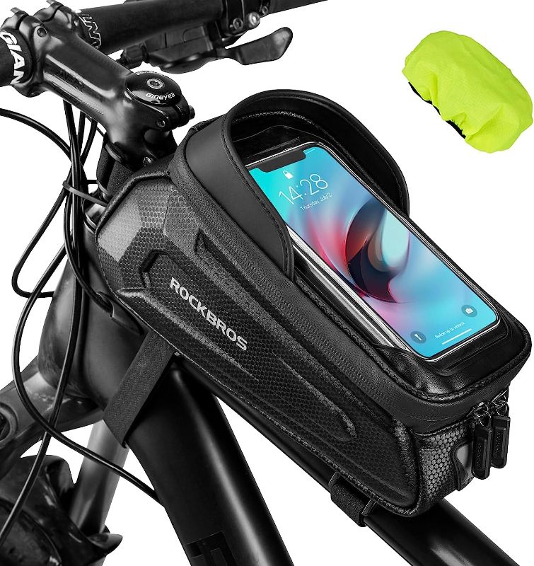 Photo 3 of ROCKBROS Bike Phone Bag Waterproof Bike Phone Mount Bag Bike Accessories EVA Hard Shell Bike Phone Pouch with Rain Cover Compatible with iPhone 14/12/11 Pro XR XS Max Phones Below 
