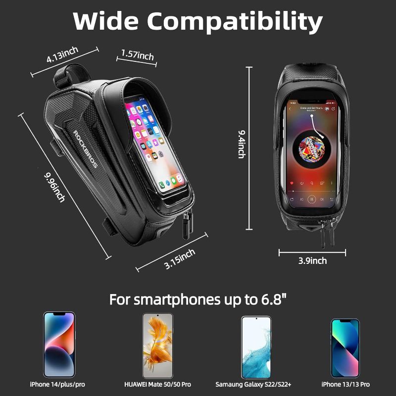 Photo 4 of ROCKBROS Bike Phone Bag Waterproof Bike Phone Mount Bag Bike Accessories EVA Hard Shell Bike Phone Pouch with Rain Cover Compatible with iPhone 14/12/11 Pro XR XS Max Phones Below 
