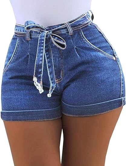 Photo 1 of Women's High Waist Denim Shorts Casual Classic Stretchy Folded Hem Belt Washed Summer Sexy Shorts Jeans
