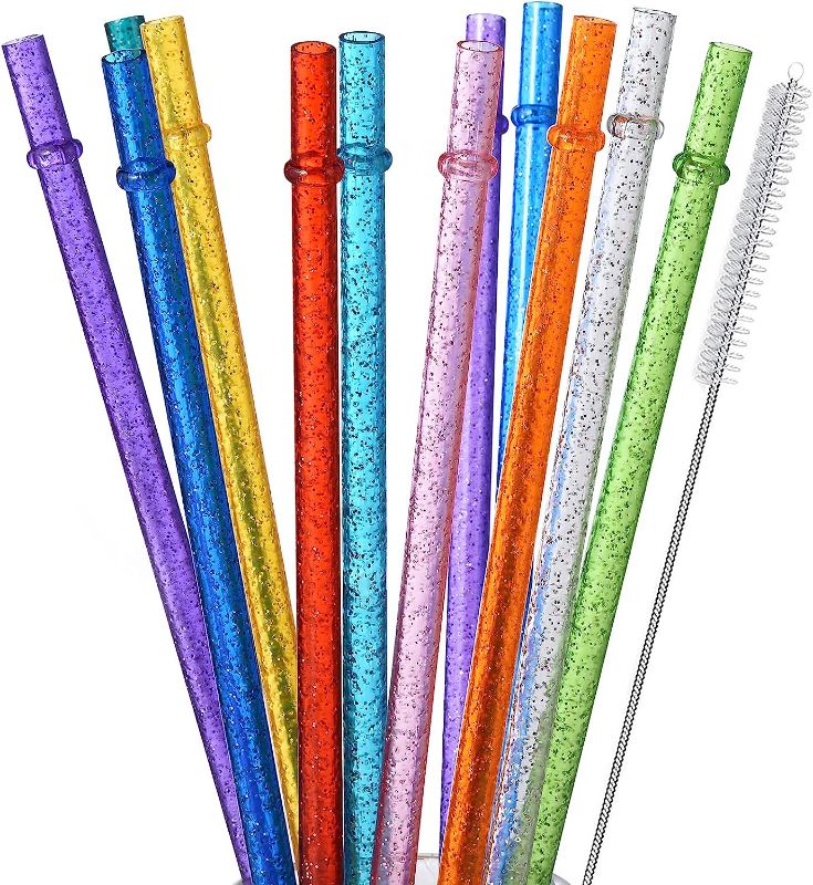 Photo 1 of ALINK 12-Pack Glitter Reusable Clear Plastic Straws, 11" Long Hard Tumbler Replacement Drinking Straws Stanley
