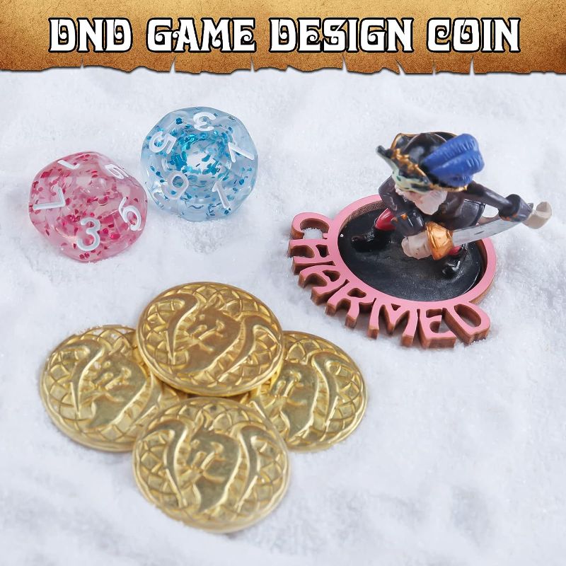 Photo 2 of Metal Fantasy Coins  Gold DND Coins for Board Game, Golden Game Tokens Store in The Coins Bag, DND Accessories for from New to Master, Retro Board Game Gifts for DM
