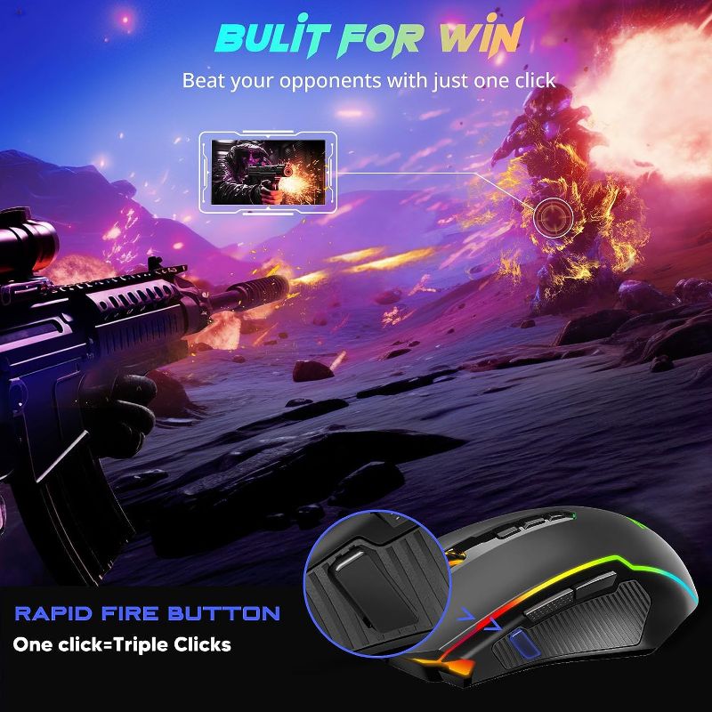 Photo 1 of Redragon Gaming Mouse, Wireless Mouse Gaming with RGB Backlit, 8000 DPI, PC Gaming Mice with Fire Button, Macro Editing Programmable Mouse Gamer,70Hrs for Windows/Mac, Rechargeable, Black, M910-KS
