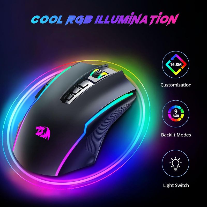 Photo 3 of Redragon Gaming Mouse, Wireless Mouse Gaming with RGB Backlit, 8000 DPI, PC Gaming Mice with Fire Button, Macro Editing Programmable Mouse Gamer,70Hrs for Windows/Mac, Rechargeable, Black, M910-KS
