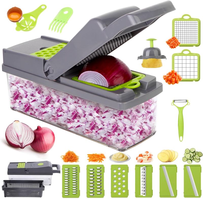 Photo 1 of Vegetable Chopper, Multifunctional ?? ?? ? Food Chopper, Onion Chopper, Kitchen Vegetable Slicer Dicer Cutter, Veggie Chopper With 8 Blades, Chopper With Container, One-Button Press to Clean
