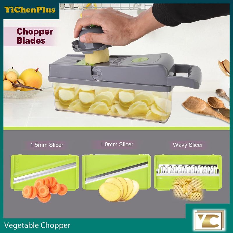 Photo 3 of Vegetable Chopper, Multifunctional ?? ?? ? Food Chopper, Onion Chopper, Kitchen Vegetable Slicer Dicer Cutter, Veggie Chopper With 8 Blades, Chopper With Container, One-Button Press to Clean
