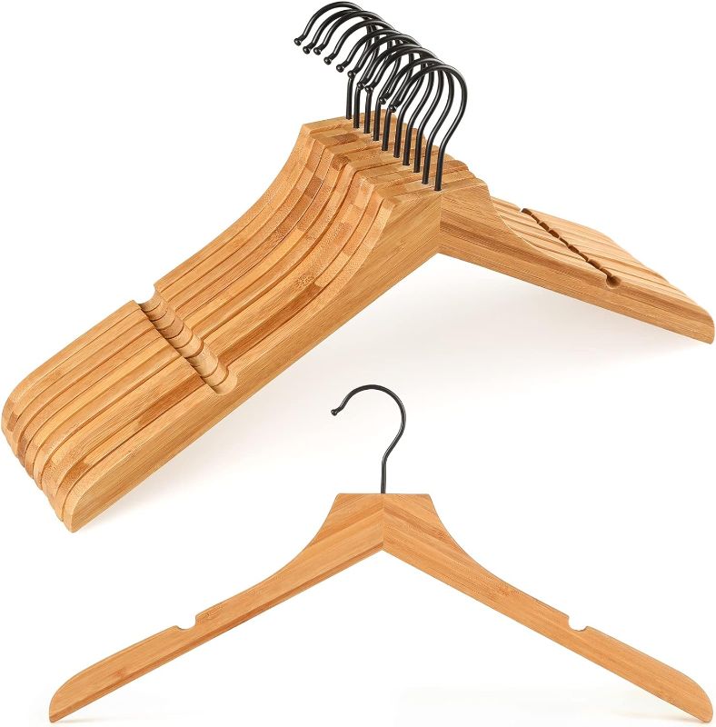 Photo 1 of TOPIA HANGER Bamboo Wooden Hangers, Clothes Hangers with Rotatable Black Hook and Smooth Cut Nothces, Set of 12 Durable and Slim Wood Hangers for Coats, Suits, Jackets, Sweaters, Dresses - CTS03
