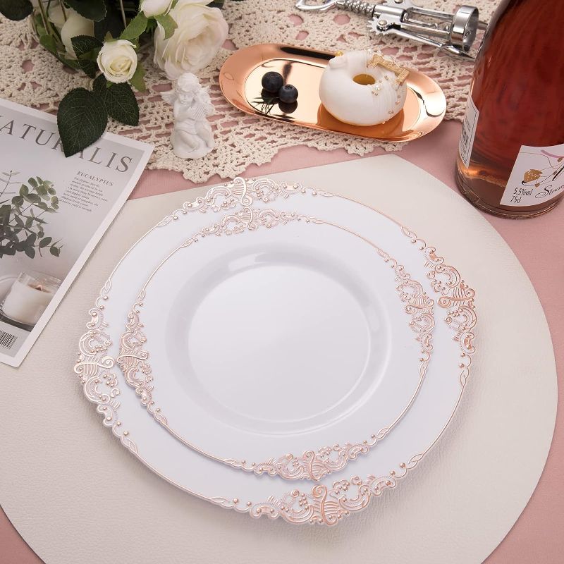 Photo 2 of MOREJOY-  100 Pieces Gold Plastic Plates - Clear Gold Disposable Plates - 10.25inch Clear Plastic Dinner Plates With Gold Rim for Weddings & Parties & Shower
