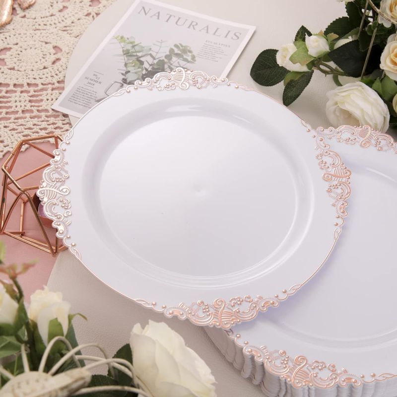 Photo 5 of MOREJOY-  100 Pieces Gold Plastic Plates - Clear Gold Disposable Plates - 10.25inch Clear Plastic Dinner Plates With Gold Rim for Weddings & Parties & Shower
