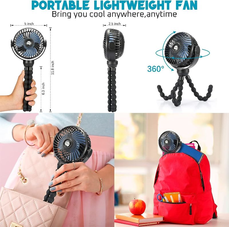 Photo 2 of Upgraded Portable Baby Stroller Fan, 360°Rotate Rechargeable Mini Clip on Fan with Flexible Tripod for Stroller Treadmill Crib Car Seat Travel, 4000mAh Battery Powered Handheld Fan (Black)
