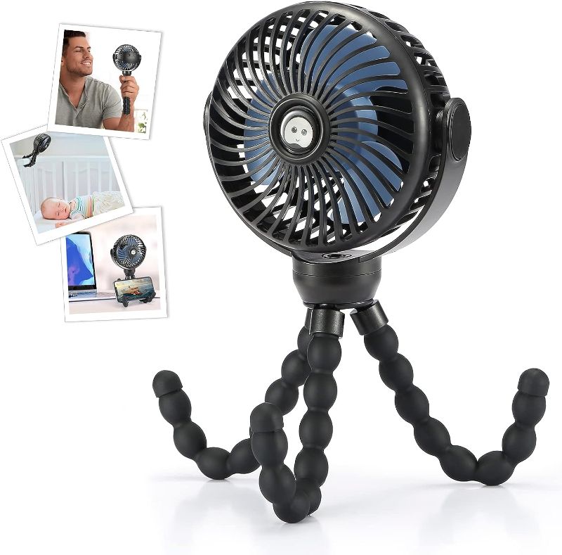 Photo 4 of Upgraded Portable Baby Stroller Fan, 360°Rotate Rechargeable Mini Clip on Fan with Flexible Tripod for Stroller Treadmill Crib Car Seat Travel, 4000mAh Battery Powered Handheld Fan (Black)
