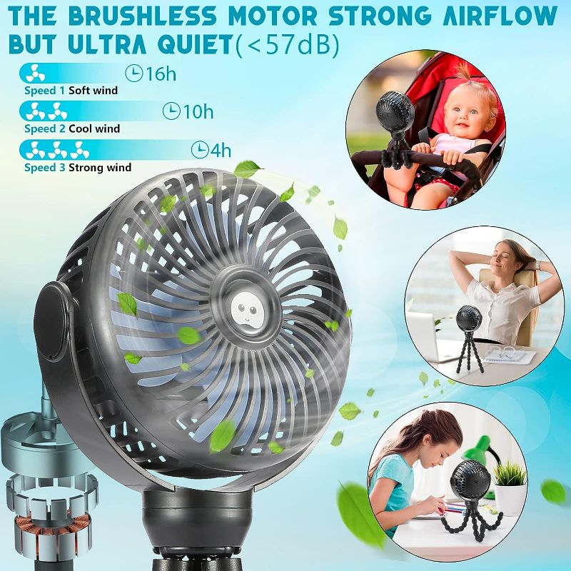 Photo 3 of Upgraded Portable Baby Stroller Fan, 360°Rotate Rechargeable Mini Clip on Fan with Flexible Tripod for Stroller Treadmill Crib Car Seat Travel, 4000mAh Battery Powered Handheld Fan (Black)
