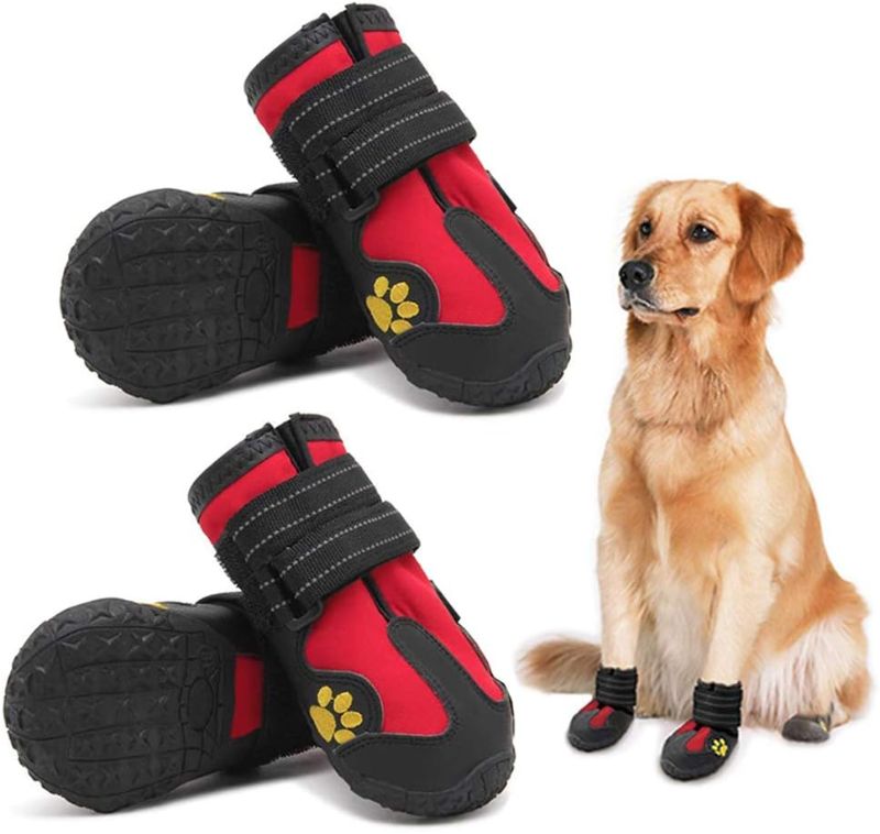 Photo 2 of PK.ZTopia Dog Boots, Waterproof Dog Boots, Dog Rain Boots,Dog Booties with Reflective Rugged Anti-Slip Sole and Skid-Proof,Outdoor Dog Shoes for Medium to Large Dogs (Black-Red 4PCS).
