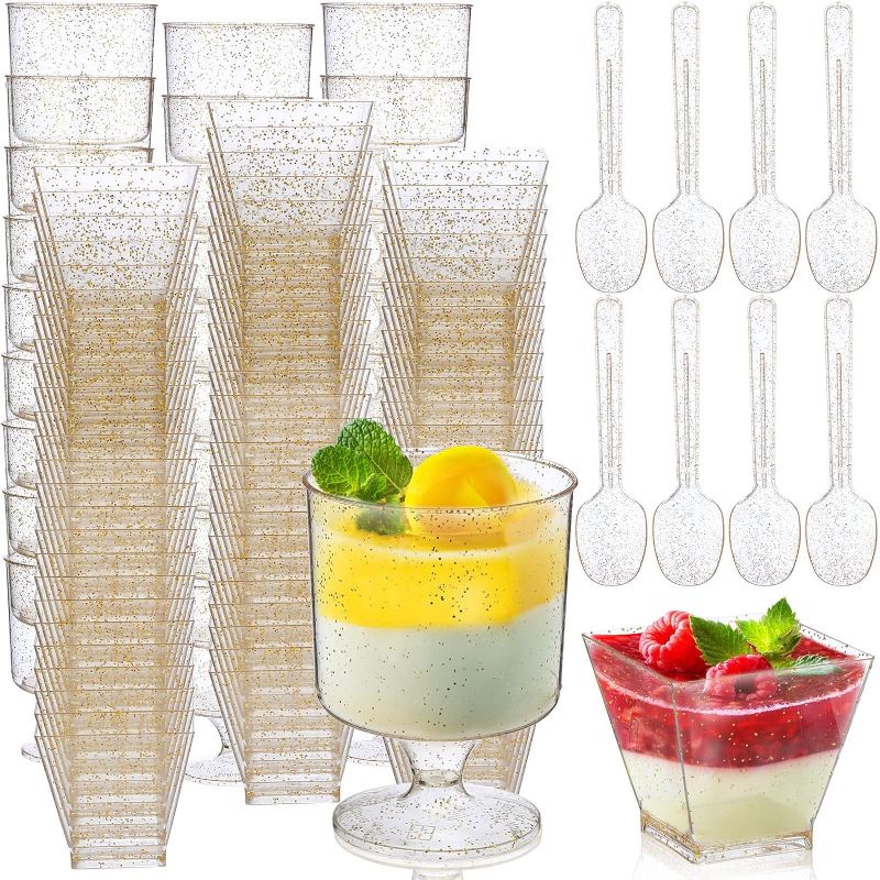 Photo 2 of 100 Pcs Plastic Dessert Cups with 100 Pcs Spoons Gold Glitter Goblet Square Cups 2 oz 5 oz Pudding Wine Dessert Bowls Dessert Containers for Birthdays, Wedding Party Supplies, 2 Styles

