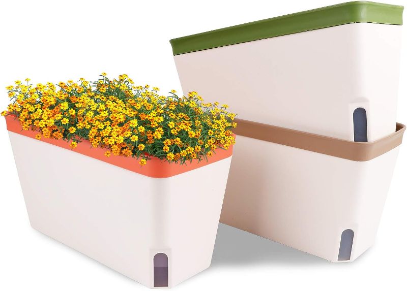 Photo 1 of OurWarm Windowsill Herb Planter Box, Set of 3, Self Watering Plant Pots, 10.5 Inch Rectangular Planter Pots, Decorative Garden Flower Pots for Indoor Plants, Herbs, Vegetables, Flowers (3 Colors)
