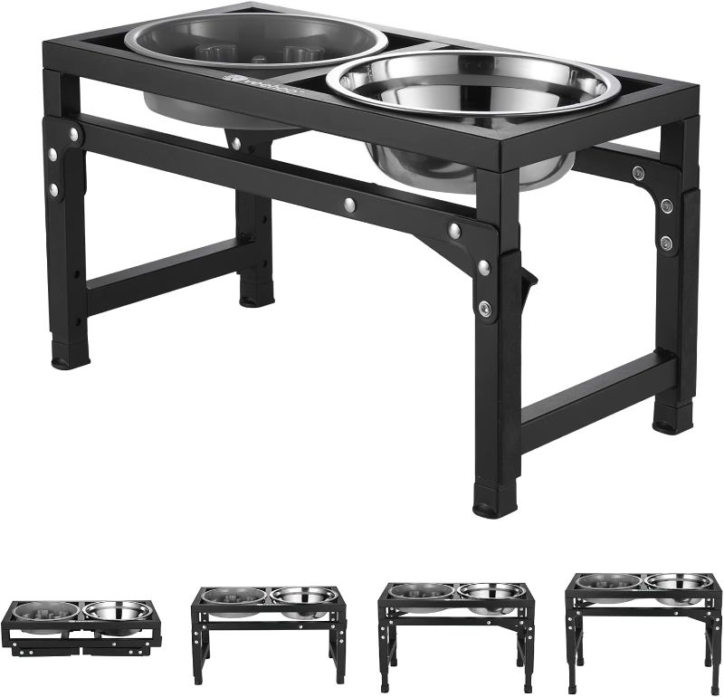 Photo 1 of Veehoo Elevated Dog Bowls, Metal Raised Dog Bowl Stand with Slow Feeder & 2 Stainless Steel Food Water Bowl, Non-Slip Dog Dish Adjusts to 3.7", 9", 11" and 12" for Large Medium Small Dogs, Black

