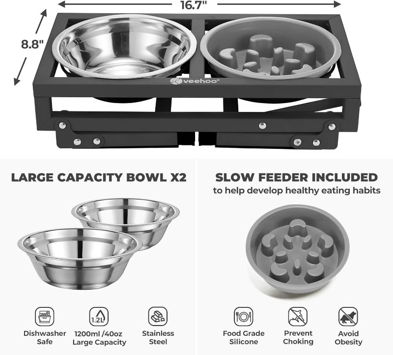 Photo 3 of Veehoo Elevated Dog Bowls, Metal Raised Dog Bowl Stand with Slow Feeder & 2 Stainless Steel Food Water Bowl, Non-Slip Dog Dish Adjusts to 3.7", 9", 11" and 12" for Large Medium Small Dogs, Black
