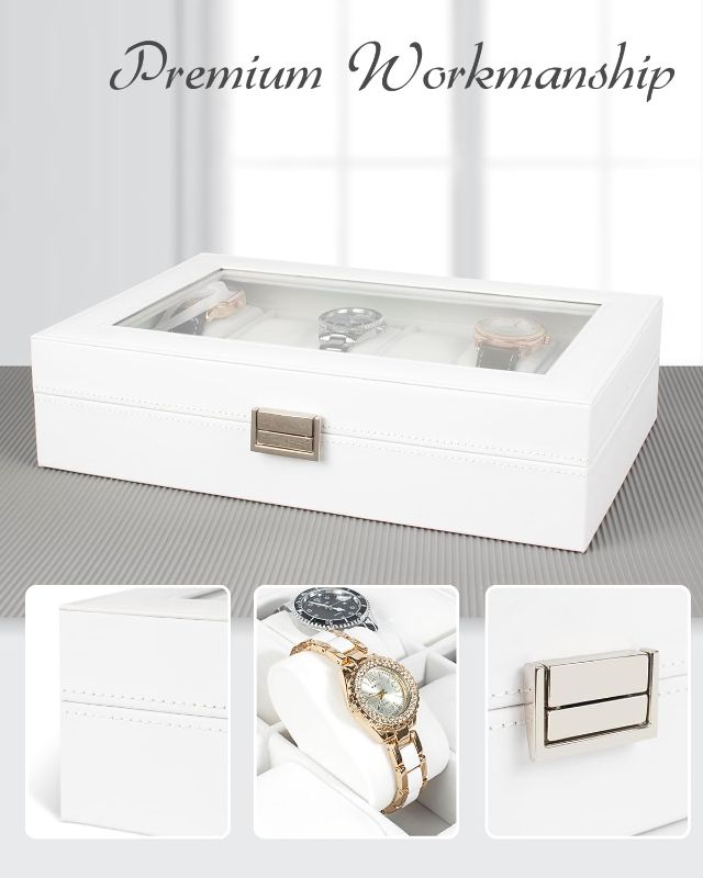 Photo 2 of GUKA Watch Box 12 Slot Case Real Glass Organizer Watch Case with Removable Watch Pillow, White Synthetic Leather Watch Display
