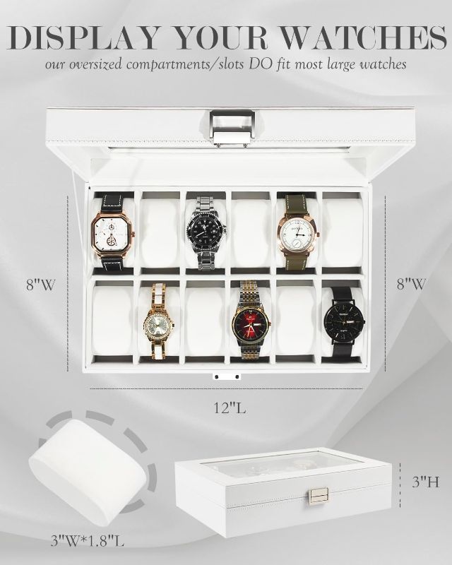 Photo 3 of GUKA Watch Box 12 Slot Case Real Glass Organizer Watch Case with Removable Watch Pillow, White Synthetic Leather Watch Display
