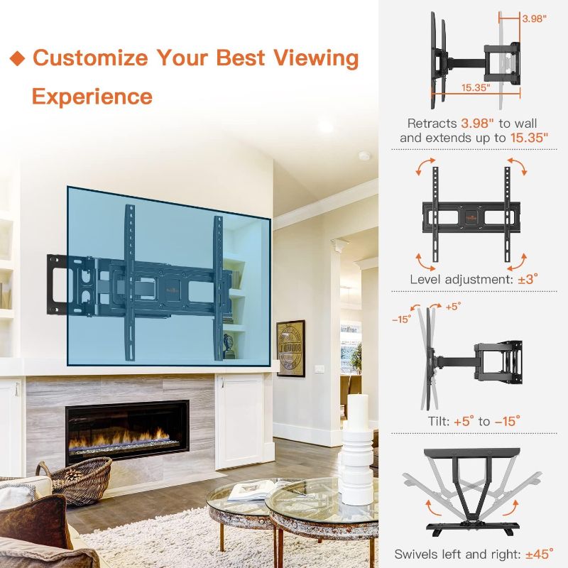 Photo 3 of Perlegear TV Wall Mount Bracket Full Motion for 26-65 Inch LED, LCD, OLED Flat Curved TVs, TV Mount with Dual Swivel Articulating Arms Extension Tilt Rotation, Max VESA 400x400mm Fits 12/16" Wood Stud
