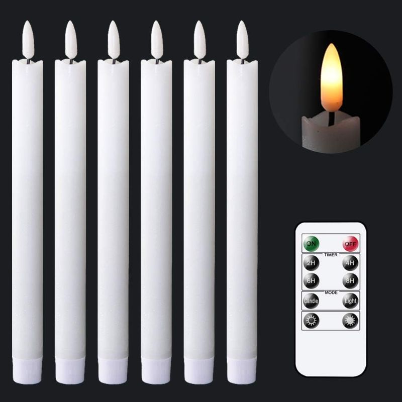 Photo 1 of GenSwin Flameless White Taper Candles Flickering with 10-Key Remote, Battery Operated Led Warm 3D Wick Light Window Candles Real Wax Pack of 6, Christmas Home Wedding Decor(0.78 X 9.64 Inch)
